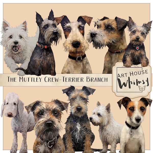 The Muttley Crew-Terrier Branch, Mixed Media Terrier Dogs , Terrier Portrait, K9 Clipart, Commercial Use, 10 Png Elements & Printable Sheets
