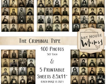 The Criminal Type - 100 Printable Images for junk journals, Vintage Crime photos, Vintage Mugshots, Halloween, Gothic, Macabre, Mystery.