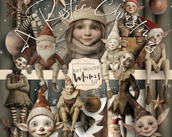 A Rustic Christmas:  Elves Clipart Vintage Holiday Kit (Digital Download)