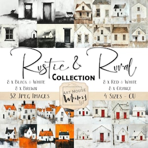 May include: A digital collage of 32 images featuring rustic and rural scenes. The images are in black and white, brown, red and white, and orange. The images are arranged in a grid pattern and feature houses, barns, and other rural buildings. The text "Rustic & Rural Collection" is displayed at the top of the collage. The text "Art House Whimsy" is displayed in a banner at the bottom of the collage.