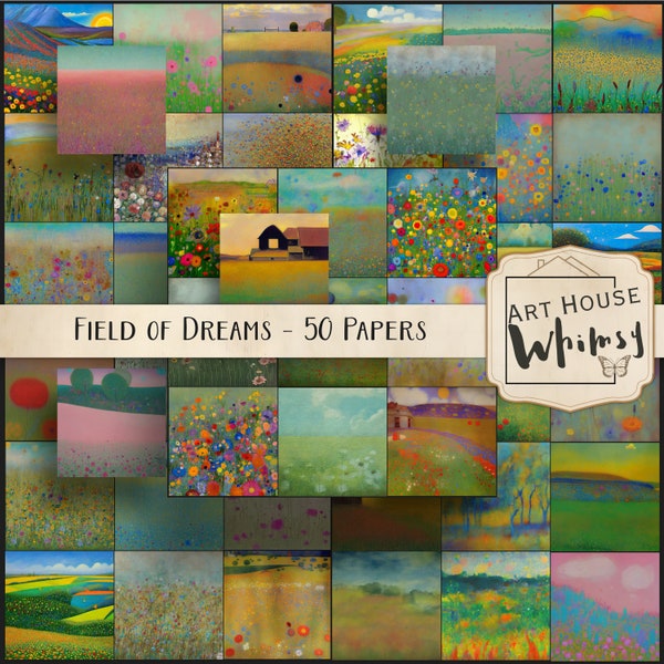 Field of Dreams Papers - 50 Painterly Flower Field Backgrounds, Jeg Digital Scrapbooking Paper, Printable Backgrounds, CU, Digital Download