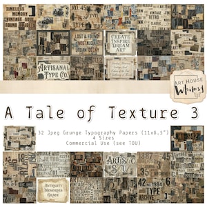 Puede incluir: Una colección de 32 papeles de tipografía grunge, cada uno con un diseño vintage único. Los papeles, que miden 27,9 x 21,6 cm, presentan texturas desgastadas, texto y números en un estilo collage. Se muestra el título "A Tale of Texture 3".