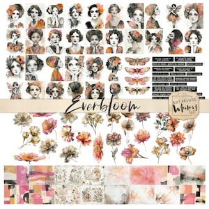 以下が含まれることがあります： Everbloom Art House Whimsyと記された、水彩画風の人物ポートレート、蛾のイラスト、オレンジやピンクの花の要素、テキストの断片、抽象的な背景パターンが並ぶデジタルコラージュシート。