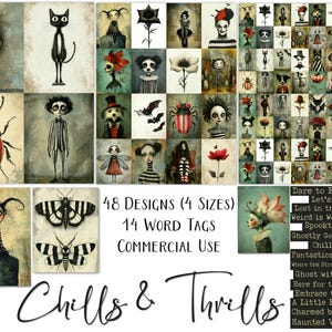 May include: A digital collage sheet with 48 designs in 4 sizes and 14 word tags. The designs are in a spooky, whimsical style with characters, insects, and flowers. The text on the sheet reads "48 Designs (4 Sizes), 14 Word Tags, Commercial Use, Chills & Thrills, Dare to Be Odd, Let's Get Spooky, Lost in the Afterlife, Weird is Wonderful, Spooktacular Fun, Ghostly Good Times, Chills & Thrills, Fantastically Freaky, Where the Strange Things are, Ghost with the Most, Here for the Haunt, Embrace the Strange, A Little Batty, Charmed by Darkness, Haunted Vibes Only."