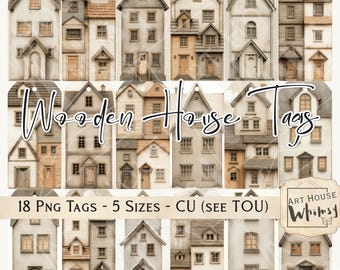 Wooden House Tags: 18 Rustic Neutral Whimsical Houses on Tags Pngs-4 Sizes-CU (Digital Download)