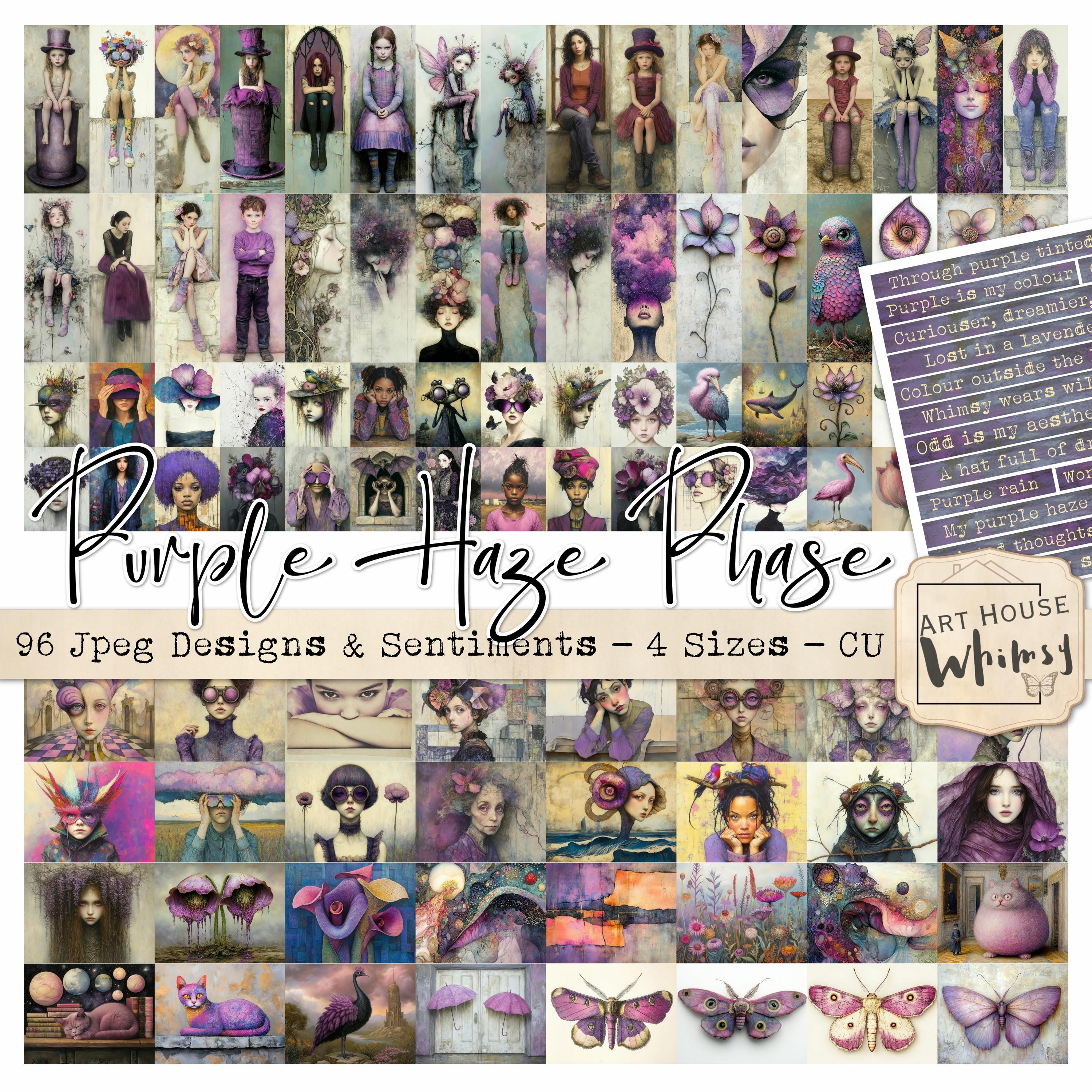 Purple Haze Phase - Whimsical Surreal Purple Colourful Characters Collection,  96 Jpegs & Sentiments, 4 Sizes, Digital Art, Junk Journal, CU