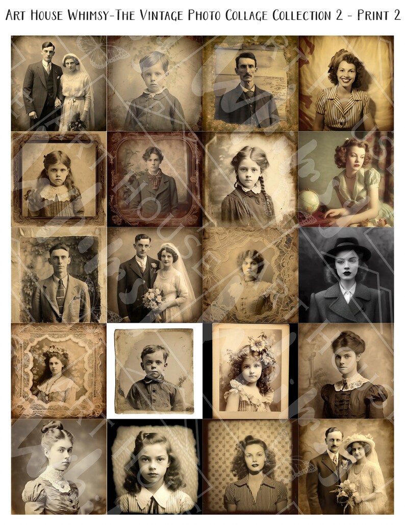 K&ouml;nnte beinhalten: Eine Vintage-Fotocollage mit 16 Schwarzwei&szlig;bildern von Menschen aus den fr&uuml;hen 1900er Jahren. Die Bilder sind in einem Raster angeordnet und mit einem dekorativen Rahmen versehen. Die Collage ist auf strukturiertem Papier gedruckt.