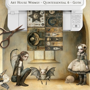 Op de afbeelding: Een digitale kunstprint met een gotische esthetiek, een vintage printer, een schaar, een vleermuis, een schedel en twee poppen. De print is getiteld "Art House Whimsy - Quintessential 6 - Goth".
