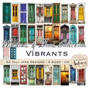 Vintage Windows & Doors Digital Collage Set: 32 Vibrant JPEGs (4.25x11&quot;)
