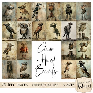 Gear Head Birds - 20 vogels met steampunk/industriële thema's, jpeg-papier, 3 maten, CU, digitale download, ongewenste tijdschriften, digitale kunst