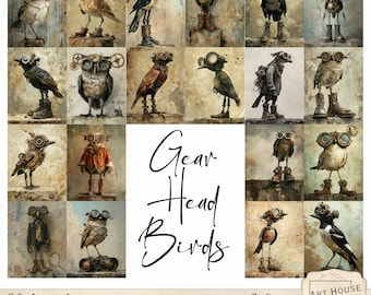 Gear Head Birds - 20 Steampunk/Industrial themed birds, Jpeg Papers, 3 Sizes, CU,  Digital Download, Junk Journals, Digital Art