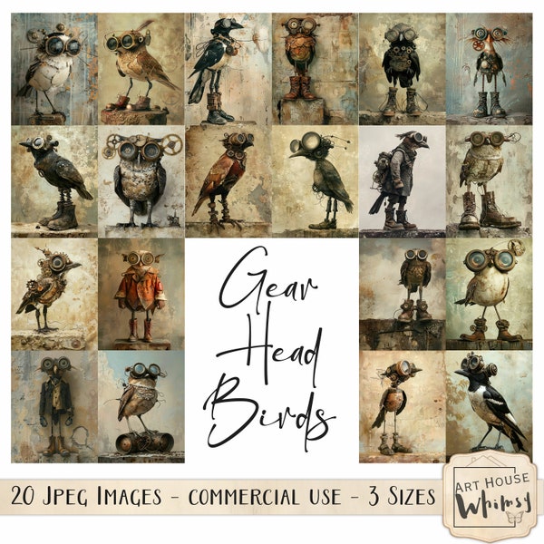 Gear Head Birds - 20 Steampunk/Industrial themed birds, Jpeg Papers, 3 Sizes, CU,  Digital Download, Junk Journals, Digital Art