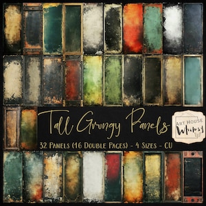 May include: A set of 32 tall, grunge-style panels in various colors and textures. The panels are arranged in a grid pattern and have a distressed, vintage look. The text "Tall Grungy Panels" and "32 Panels (16 Double Pages) - 4 Sizes - CU" is visible at the bottom of the image.