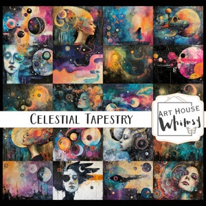 Tapiz celestial, 20 fondos Jpeg cósmicos de medios mixtos, CU, Descarga digital, Diario basura, Arte digital, 11x8.5"