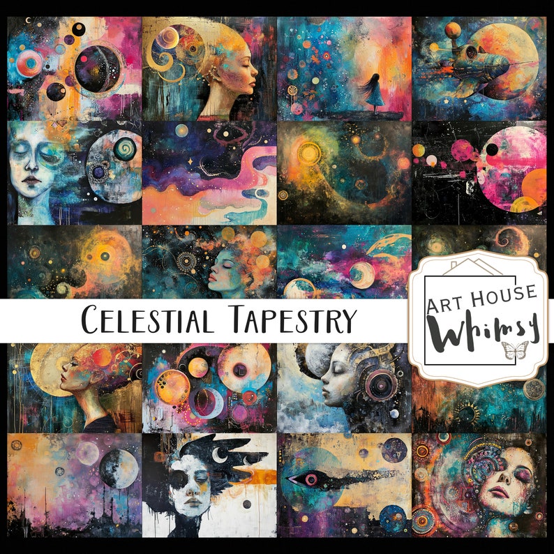May include: A colorful collage of 16 paintings depicting celestial scenes with planets, stars, and moons. The paintings are in a variety of styles, from abstract to realistic. The title "Celestial Tapestry" is written in white letters on a black background. The logo "Art House Whimsy" is in the bottom right corner.