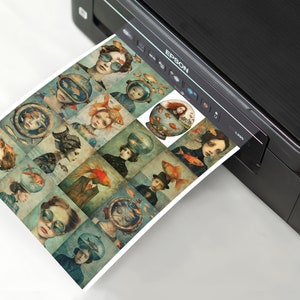 May include: A sheet of paper with a collage of 16 images printed on it. Each image features a person with a goldfish bowl on their head. The images are printed in a grid pattern. The paper is being fed into a black printer.