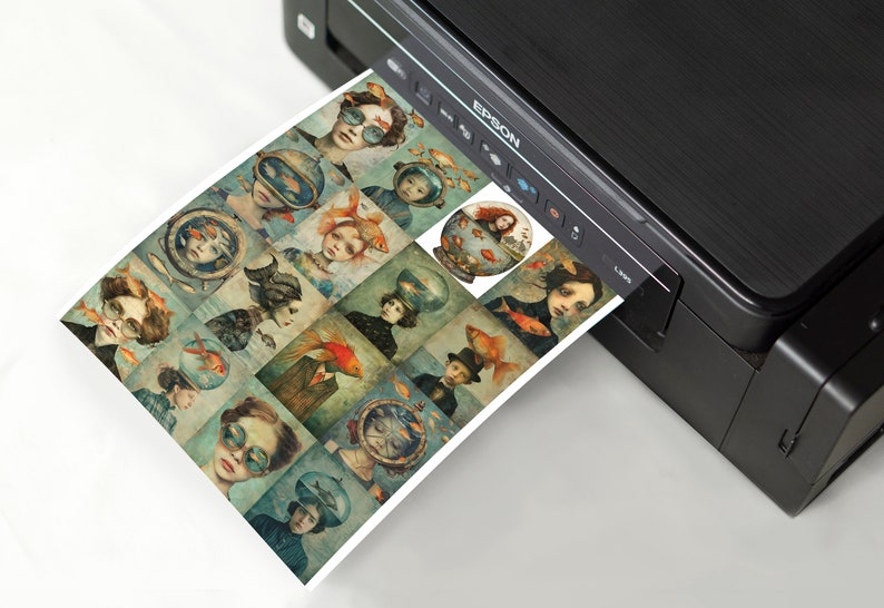 May include: A sheet of paper with a collage of 16 images printed on it. Each image features a person with a goldfish bowl on their head. The images are printed in a grid pattern. The paper is being fed into a black printer.