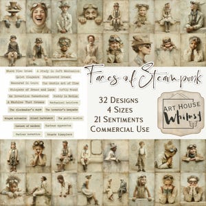 Puede incluir: Un collage de retratos y elementos de diseño con temática steampunk. La imagen presenta 32 diseños, 4 tamaños y 21 sentimientos, con el texto "Faces of Steampunk" y "Art House Whimsy". El diseño es apto para uso comercial.