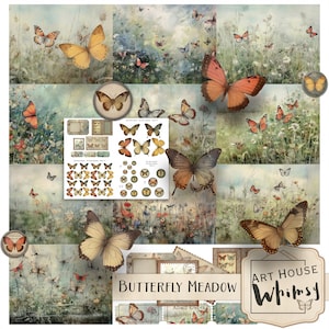 Butterfly Meadow Papers - 10 Printable Botanical Papers & Bonus Elements (Jpegs 11x8.5"), CU, Junk Journal, Digital Art, Card Making