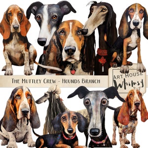 The Muttley Crew-Hound Zweig, Mixed Media Hound Dog Charaktere, wunderliche Hunde Grafiken, K9 Clipart, CU, 10 Png-Elemente & druckbare Blätter
