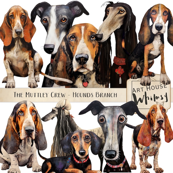 The Muttley Crew-Hound Branch, Mixed Media Hound Dog Characters, Whimsical Dogs Graphics, K9 Clipart, CU, 10 Png Elements & Printable Sheets
