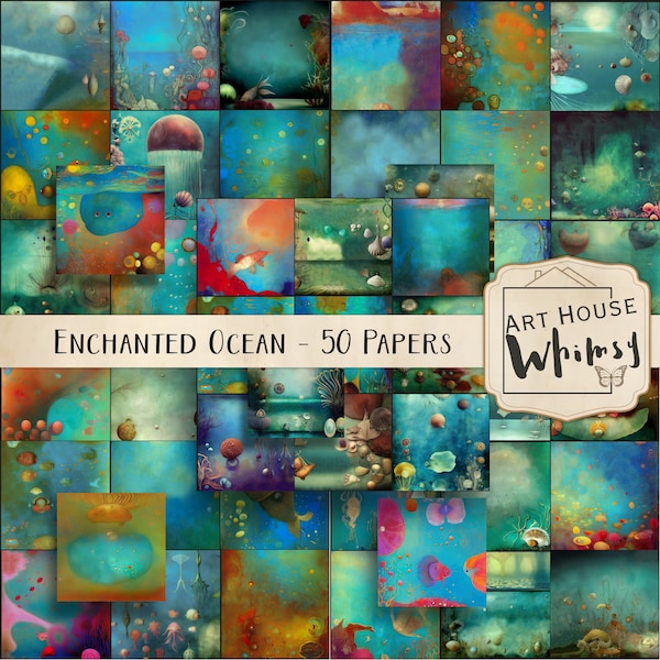 Enchanted Ocean Papers, Digital Download, Underwater, 50 Deep Sea Whimsical Backgrounds, 12x12" Commercial Use, CU, Paper Pack, Printable