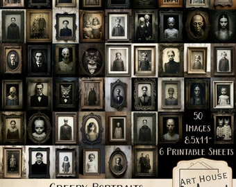 Creepy Portraits - 50 Gothic/Halloween/Horror themed Images, 8.5x11" & 5 Printable Collage Sheets, CU, Digital Download, Junk Journal