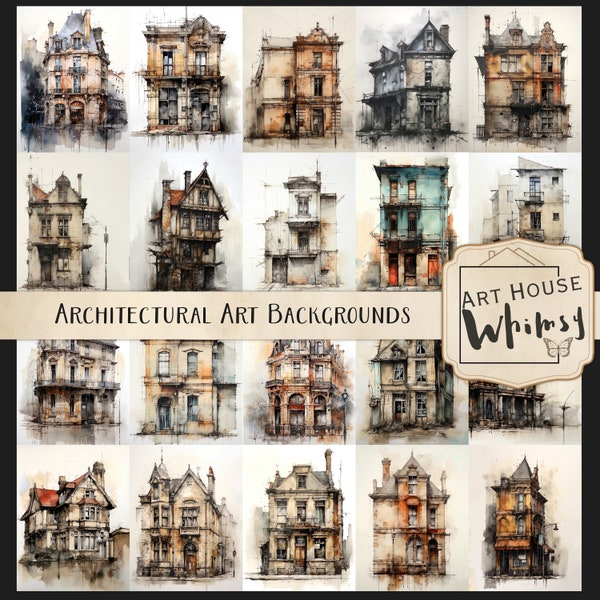 Architecture Art - 20 Painterly Old Buildings (3 Sizes) Architectural Sketches, CU, Digital Download, Printable Wall Art, Junk Journal