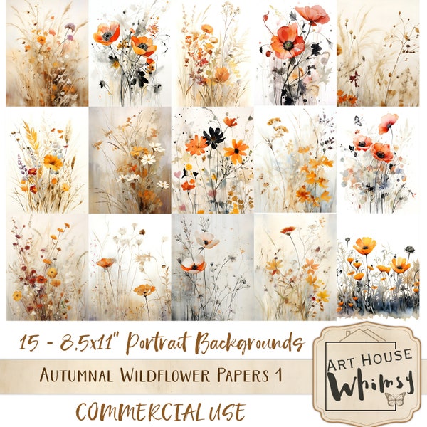 Autumnal Wildflower Papers Part 1, Portrait size, Fall Autumn themed Backgrounds - Commercial Use - Junk Journal Printable Backgrounds, Jpeg