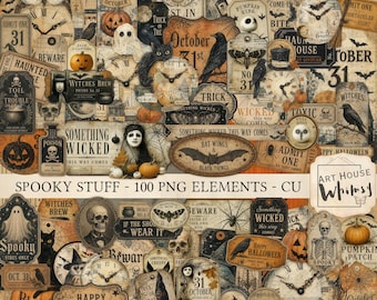 May include: A digital collection of 100 Halloween-themed PNG elements featuring vintage-style illustrations of skulls, owls, black cats, pumpkins, clocks, bats, and spiders, with text including October 31, Beware, and Something Wicked.