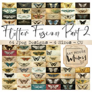 Flutter Fusion 2 - ailes de papillons de nuit vintage, 64 fichiers Jpeg, 11 x 4,25 po., 4 tailles, images pour les tags Collage de journaux indésirables Art numérique,