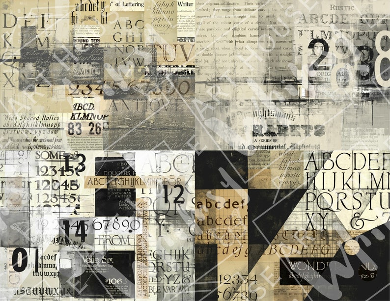 May include: A collage of vintage typography and numbers in black, white, and brown. The image features a variety of fonts and styles, including serif, sans-serif, and script. The text includes words like "some", "from", "wide spaced italics", "antiove", "rustic", and "wonder".