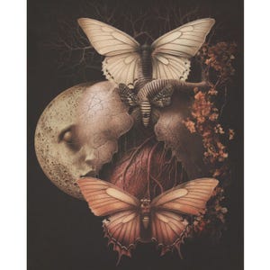 May include: A surreal artwork featuring a cracked moon with a face, a butterfly with brown and white wings, and a moth with black and white stripes. The artwork is set against a dark background with a brown and orange tree branch.