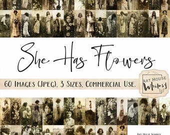 Ella tiene flores: 60 imágenes femeninas antiguas (3 tamaños), diarios basura, arte digital, fotografías antiguas
