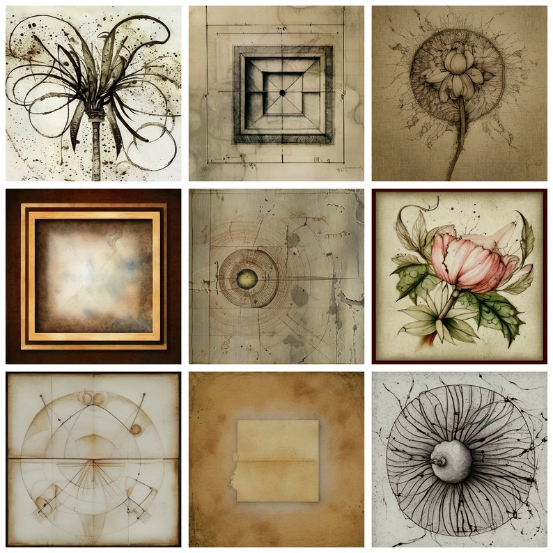 Renaissance Sketched Papers Set of 50 Backgrounds 3 Sizes Digital