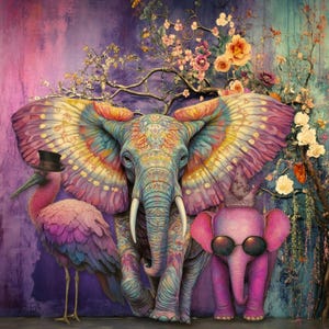 May include: A colourful artwork depicting an elephant with large, patterned ears, a pink flamingo in a top hat, and a small pink elephant with sunglasses. The background features purple hues and floral details.