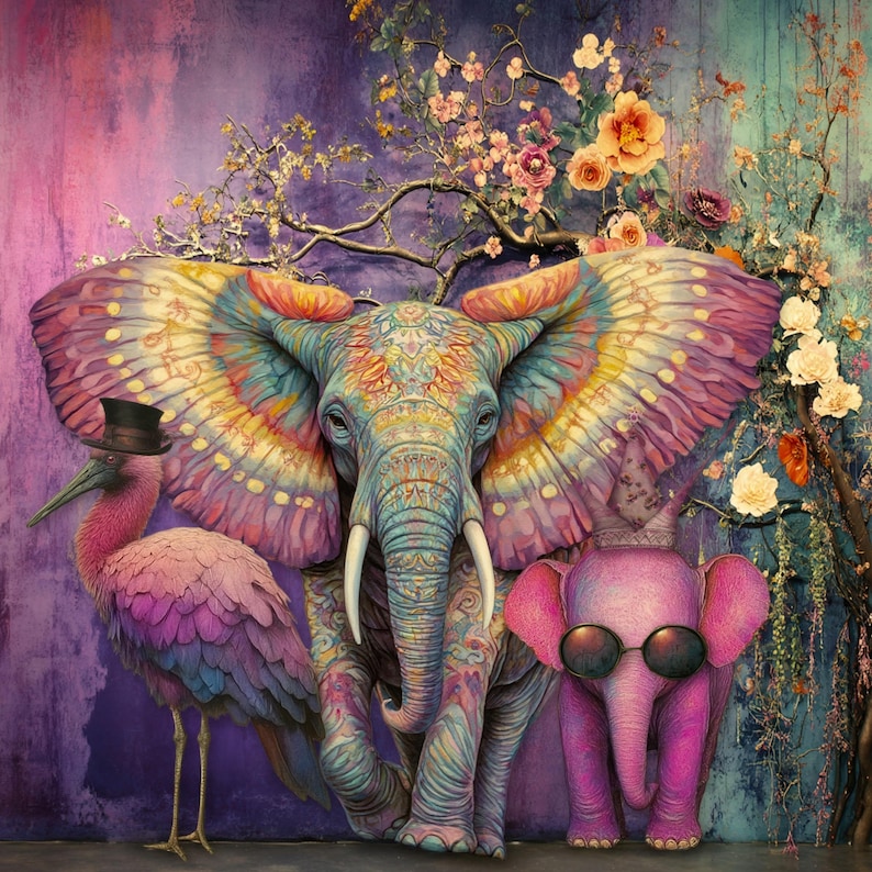 May include: A colourful artwork depicting an elephant with large, patterned ears, a pink flamingo in a top hat, and a small pink elephant with sunglasses. The background features purple hues and floral details.