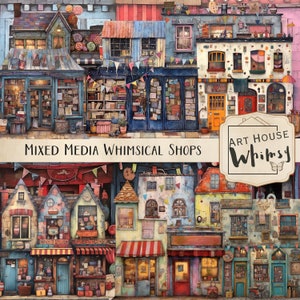Whimsical Shops Clipart: Mixed Media Graphics, Commercial Use (PNG, JPEG, Printable Sheets)