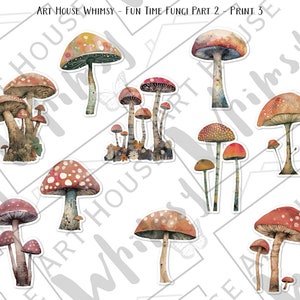 May include: A set of ten watercolor illustrations of mushrooms in various shapes and sizes. The mushrooms are painted in shades of red, orange, brown, and white. The illustrations are perfect for adding a touch of whimsy to any project.