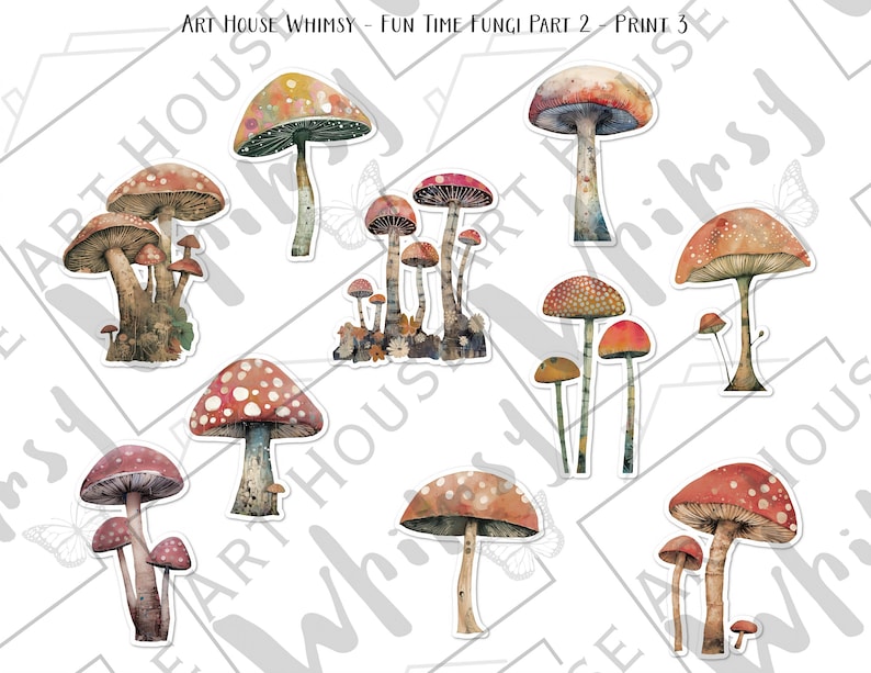 May include: A set of ten watercolor illustrations of mushrooms in various shapes and sizes. The mushrooms are painted in shades of red, orange, brown, and white. The illustrations are perfect for adding a touch of whimsy to any project.