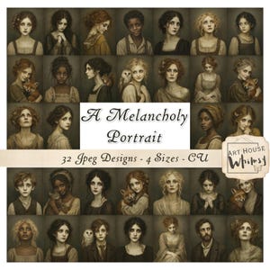 May include: A digital collection of 32 portrait images featuring diverse individuals in muted tones, titled A Melancholy Portrait. The grid displays various people, some holding small animals like foxes or owls, with the text Art House Whimsy.