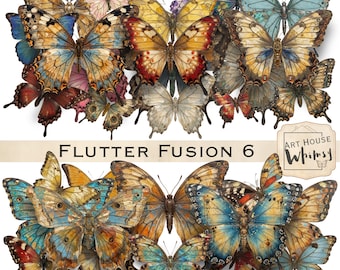 Flutter Fusion 6:  Colourful Mixed Media Butterflies & Moths, Digital Art, 32 Png designs