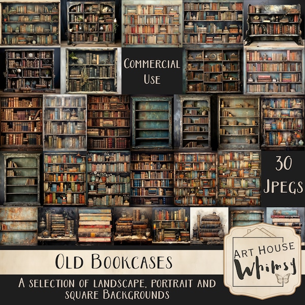 Old Bookcases, Library, Books,  Vintage, Commercial Use, Digital Download, Printable Wall Art, Junk Journal, 30 Jpeg Backgrounds