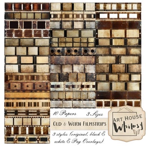 Papeles de tiras de película viejos y desgastados - 10 papeles imprimibles de tiras de película vintage grungy-3 versiones-3 tamaños, CU, diario basura, arte digital, 11x8.5"
