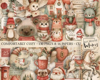 Comfortably Cozy:  Christmas Festive Cute Characters Elements & Ephemera, 130 PNGs, 16 Jpeg Papers plus Prints (Digital Download, CU)