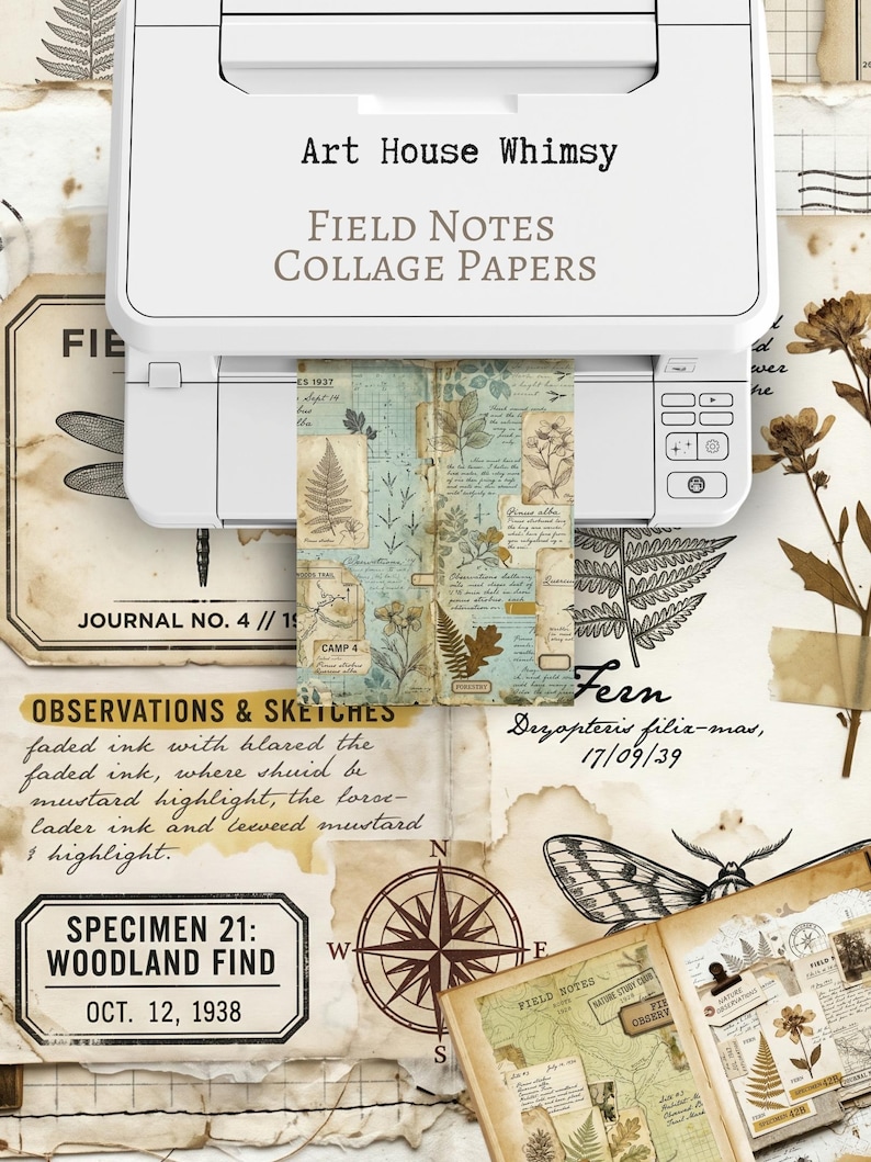 May include: A white printer feeding two sheets of paper featuring vintage-style botanical collage designs with ferns, handwritten notes, and maps. The printer displays the text Art House Whimsy and Field Notes Collage Papers in black and grey.