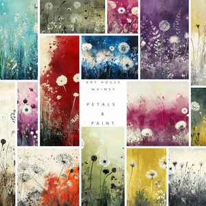 May include: A collection of 12 abstract paintings featuring dandelion seeds and various colours, including blue, green, red, purple, and yellow. The paintings are titled "Art House Whimsy Petals & Paint".