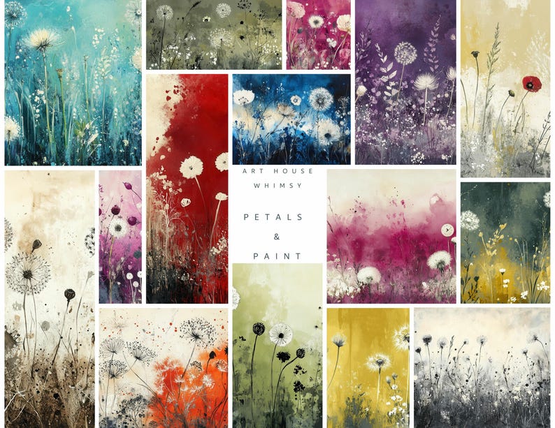 May include: A collection of 12 abstract paintings featuring dandelion seeds and various colours, including blue, green, red, purple, and yellow. The paintings are titled "Art House Whimsy Petals & Paint".