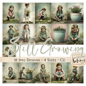 Könnte beinhalten: Eine Collage von 12 Bildern im Vintage-Stil mit Kindern, die mit Blumen und Pflanzen interagieren. Die Bilder sind in einem Raster angeordnet, mit einer weichen, pastellfarbenen Farbpalette. Der Text im Bild lautet "Still Growing" und "16 JPEG Designs - 4 Sizes - CU".