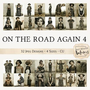 Pode incluir: Uma coleção digital intitulada ON THE ROAD AGAIN 4 apresentando 32 retratos fotográficos em estilo vintage em tons de sépia de crianças e jovens adultos com roupas históricas, incluindo chapéus, vestidos e jardineiras, em grade.